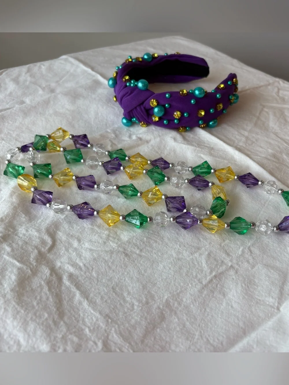Mardi Gras Purple Knotted Headband with Turquoise Beads and Gold Accents